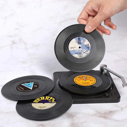 6 Retro Vinyl Record Coasters & Holder Set