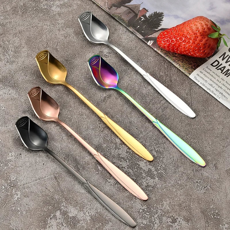 Set of 5 Elegant Stainless Steel Flower Spoons | Long Handle Rose Stirring Teaspoons