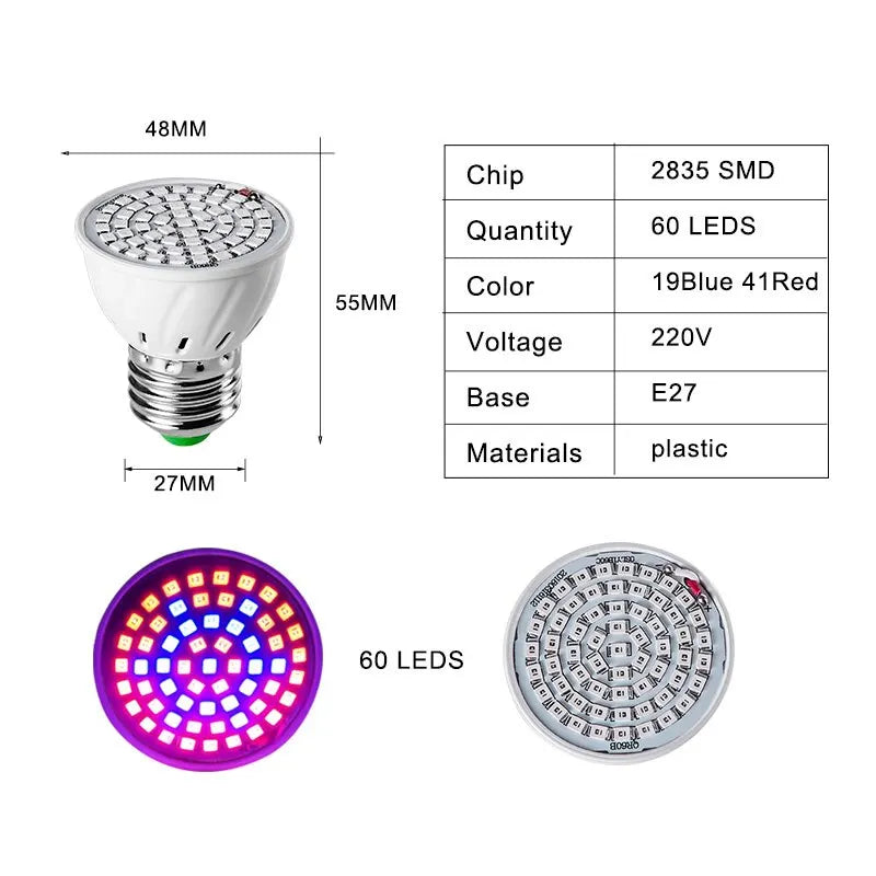 220V E27 60LEDs Plant Grow Light Phyto Lamps Led Full Spectrum Growing Bulb for Greenhouse Hydroponics Growth Fitolampy