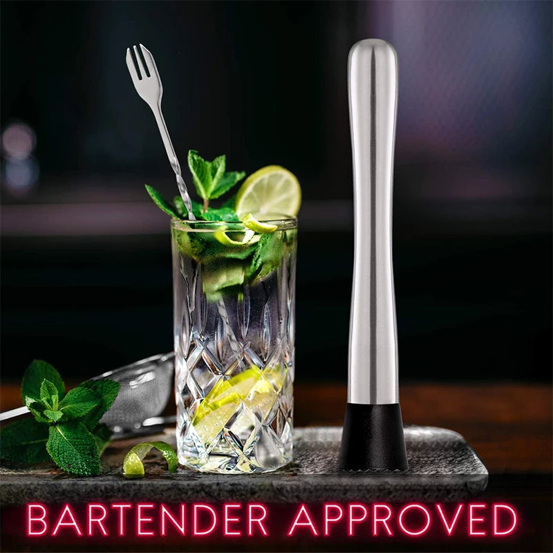 LMETJMA 10 Inch Stainless Steel Cocktail Muddler and Mixing Spoon Professional Bar Cocktail Muddler Set for Mojitos JT201