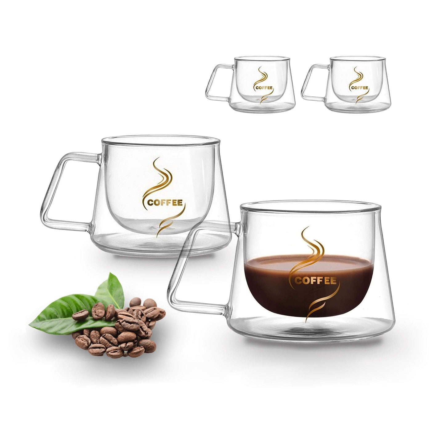 Kitchen ArtOlo Double Wall Insulated Clear Glass Coffee Mugs, Double Espresso Shot Glasses Coffee Cups Set with Handle (4, 7.44fl oz)
