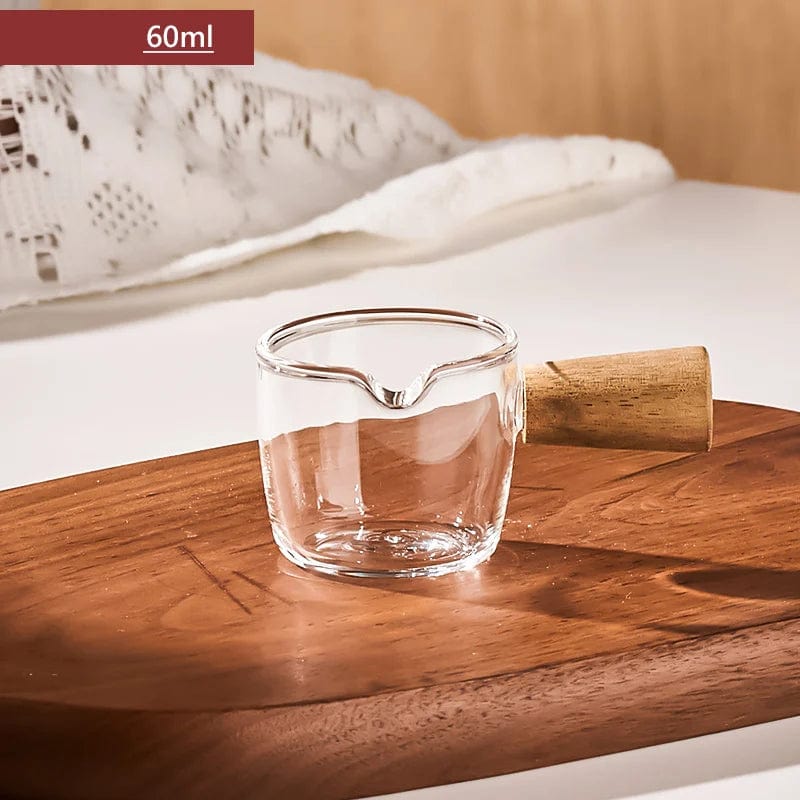 ArtOlo Store Wood Handle Glass Espresso Measuring Cup Single/Double Mouth Milk Jug Coffee Supplies Transparent Kitchen Measure Mug