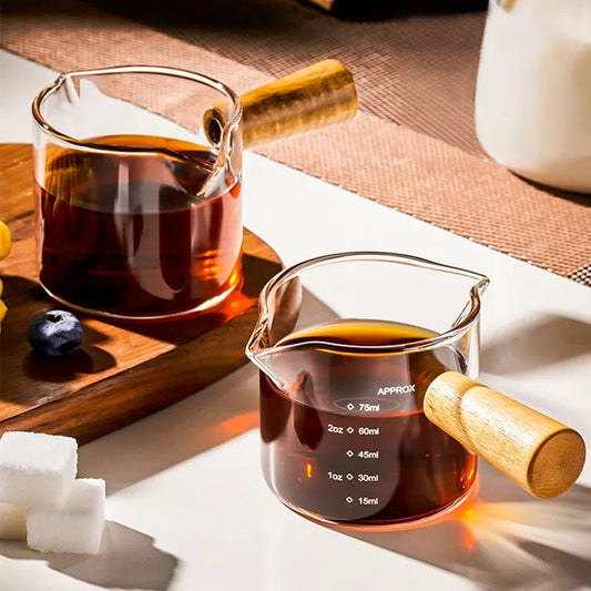 ArtOlo Store Wood Handle Glass Espresso Measuring Cup Single/Double Mouth Milk Jug Coffee Supplies Transparent Kitchen Measure Mug