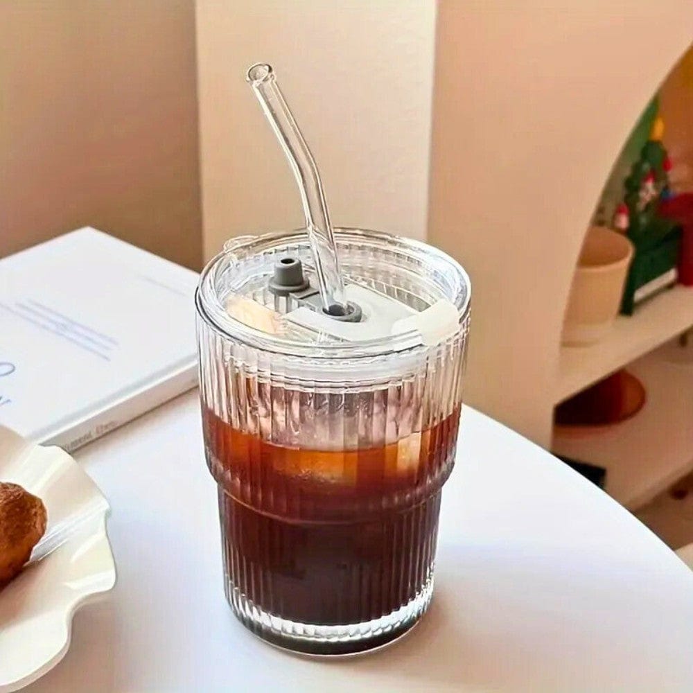 ArtOlo Stripe Glass Cup with Lid and Straw