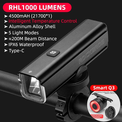 Home Finesse ROCKBROS 1000LM Bike Light - Type-C Rechargeable